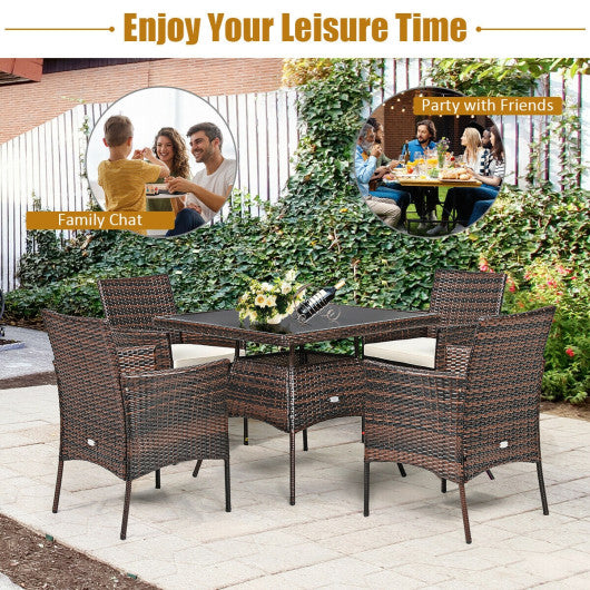 5 Pieces Patio Rattan Dining Furniture Set with Arm Chair and Wooden Table Top - Set Shop and Smile