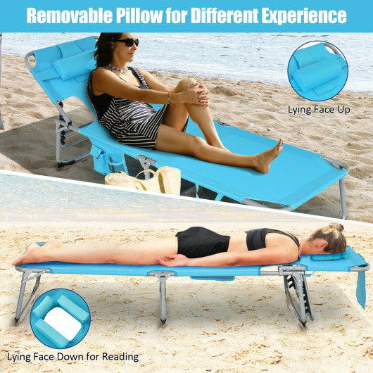 Folding Beach Lounge Chair with Pillow for Outdoor-Beige - Set Shop and Smile