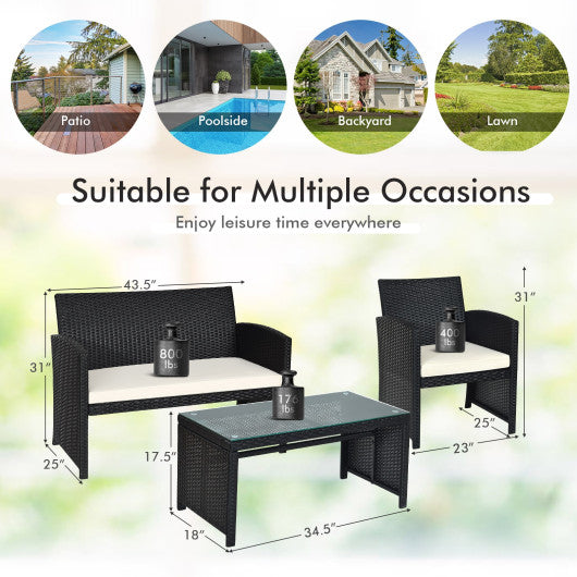 4 Pieces Rattan Patio Furniture Set with Weather Resistant Cushions and Tempered Glass Tabletop-Navy - Set Shop and Smile