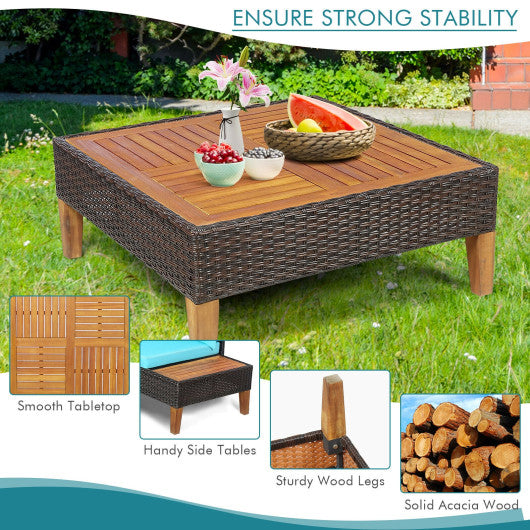 4 Pieces Patio Cushioned Rattan Furniture Set with Wooden Side Table-Navy - Set Shop and Smile