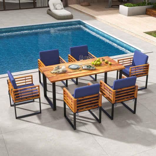 7 Pieces Patio Acacia Wood Dining Chair and Table Set for Backyard and Poolside-Navy - Set Shop and Smile