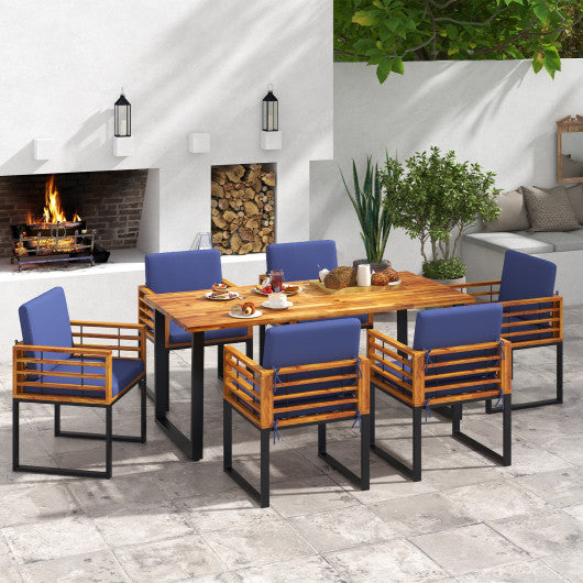 7 Pieces Patio Acacia Wood Dining Chair and Table Set for Backyard and Poolside-Navy - Set Shop and Smile