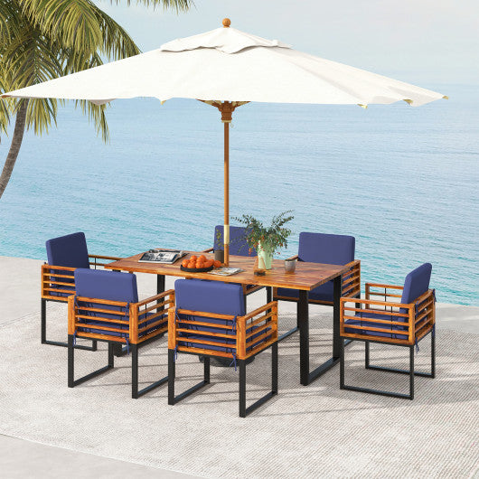 7 Pieces Patio Acacia Wood Dining Chair and Table Set for Backyard and Poolside-Navy - Set Shop and Smile