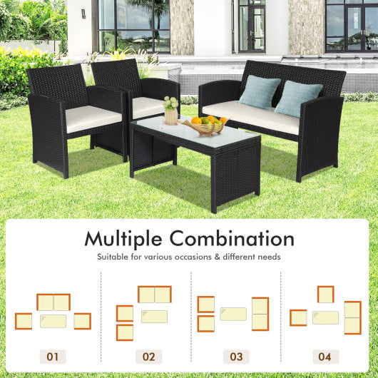 4 Pieces Rattan Patio Furniture Set with Weather Resistant Cushions and Tempered Glass Tabletop-Navy - Set Shop and Smile