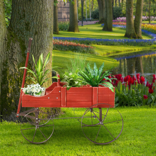 Wooden Wagon Plant Bed With Wheel for Garden Yard-Brown - Set Shop and Smile