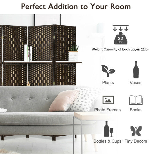 6 Panel Folding Weave Fiber Room Divider with 2 Display Shelves -Black - Set Shop and Smile