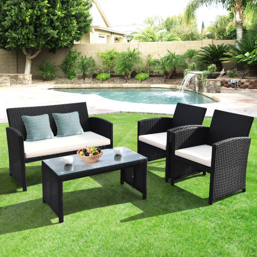 4 Pieces Rattan Patio Furniture Set with Weather Resistant Cushions and Tempered Glass Tabletop-Navy - Set Shop and Smile