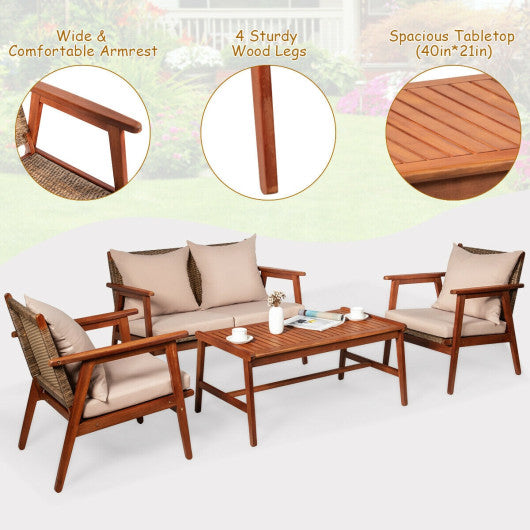 4 Piece Acacia Wood Patio Rattan Furniture Set-Navy - Set Shop and Smile