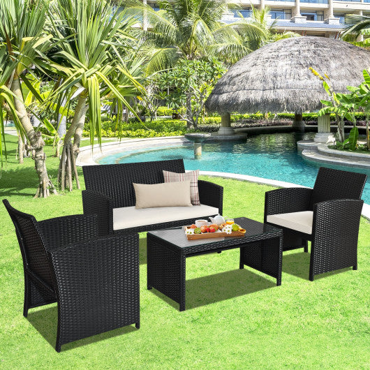 4 Pieces Rattan Patio Furniture Set with Weather Resistant Cushions and Tempered Glass Tabletop-Navy - Set Shop and Smile