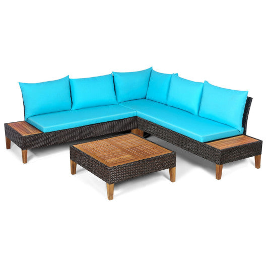 4 Pieces Patio Cushioned Rattan Furniture Set with Wooden Side Table-Navy - Set Shop and Smile
