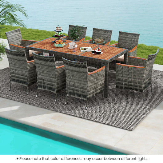 9 Pieces Rattan Patio Dining Set with Acacia Wood Table and Cushioned Chair - Set Shop and Smile