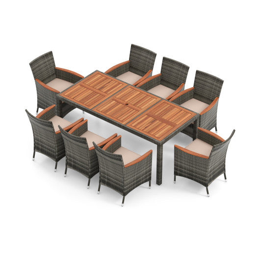 9 Pieces Rattan Patio Dining Set with Acacia Wood Table and Cushioned Chair - Set Shop and Smile