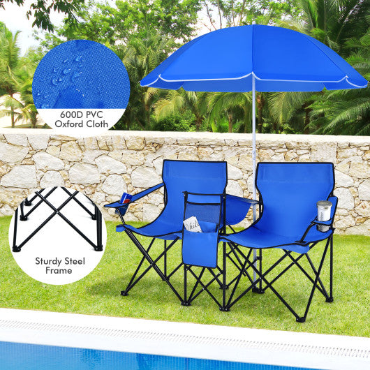Portable Folding Picnic Double Chair With Umbrella-Black - Set Shop and Smile