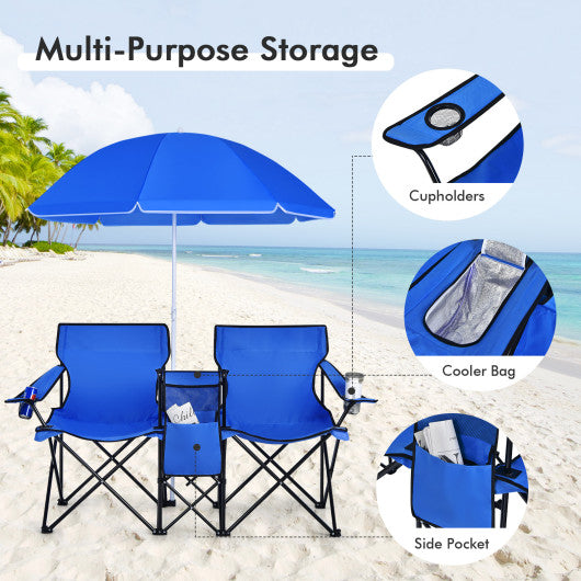 Portable Folding Picnic Double Chair With Umbrella-Black - Set Shop and Smile