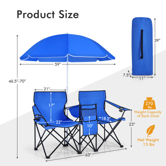 Portable Folding Picnic Double Chair With Umbrella-Black - Set Shop and Smile