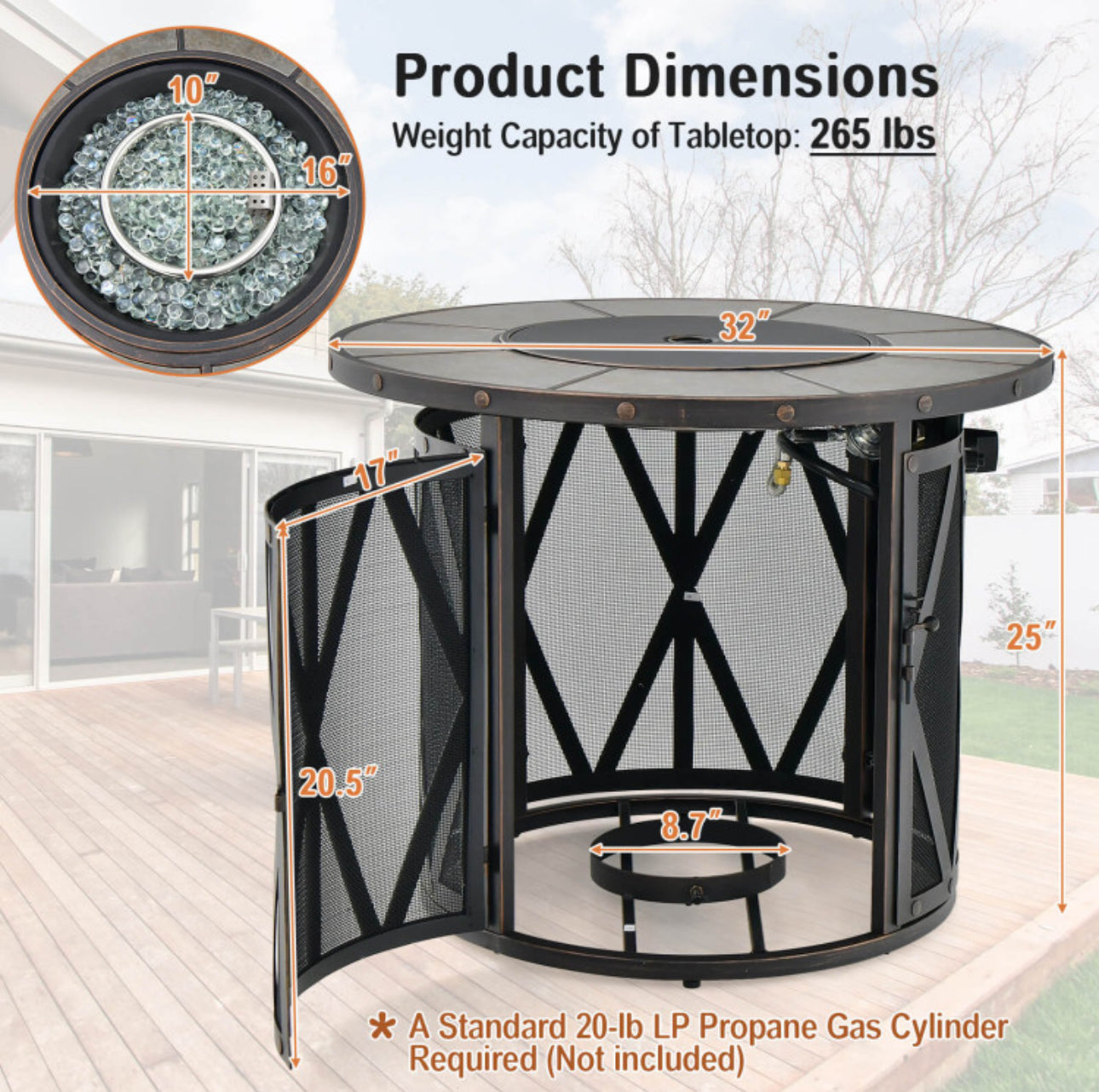 32 Inch 30000BTU Fire Pit Table with Fire Glasses and PVC Cover