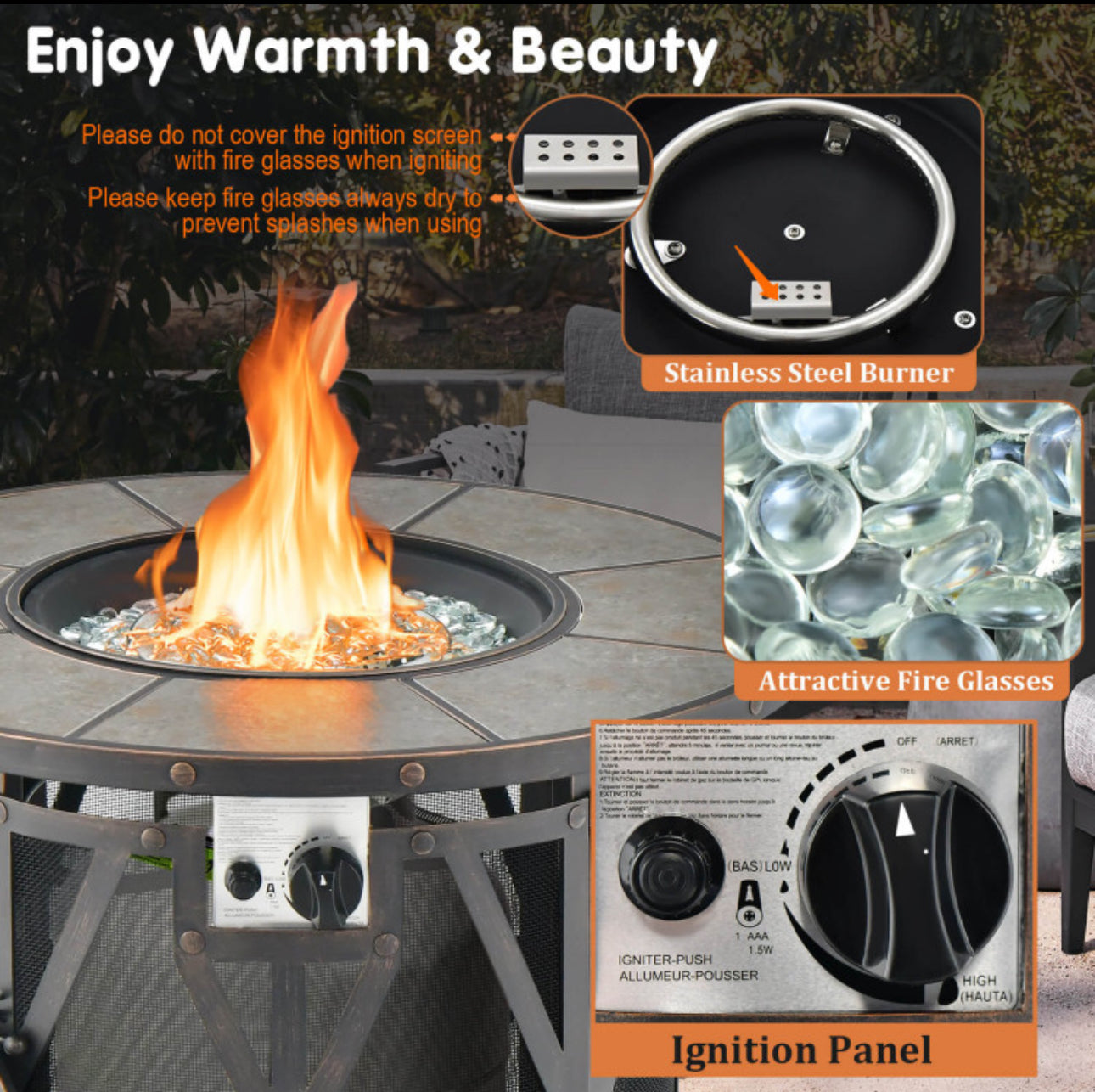 32 Inch 30000BTU Fire Pit Table with Fire Glasses and PVC Cover