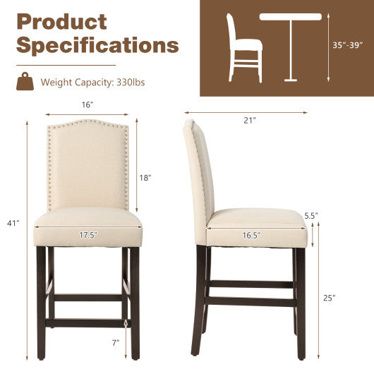 2 Pcs Fabric Nail Head Counter Height Dining Side Chairs Set-Beige