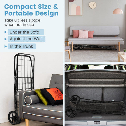 Folding Shopping Cart for Laundry with Swiveling Wheels and Dual Storage Baskets-Black - Set Shop and Smile