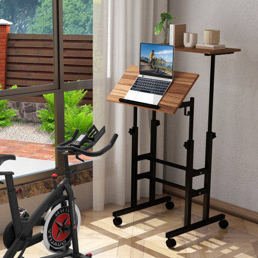 Height Adjustable Mobile Standing Desk with rolling wheels for office and home-Walnut - Set Shop and Smile