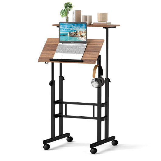 Height Adjustable Mobile Standing Desk with rolling wheels for office and home-Walnut - Set Shop and Smile
