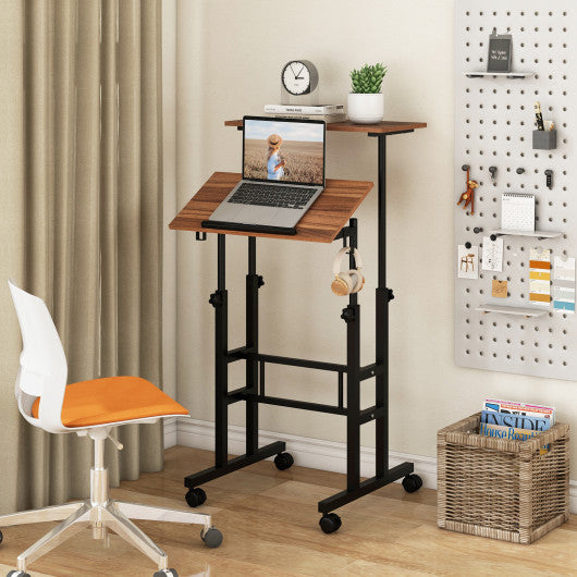 Height Adjustable Mobile Standing Desk with rolling wheels for office and home-Walnut - Set Shop and Smile