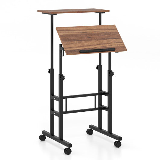 Height Adjustable Mobile Standing Desk with rolling wheels for office and home-Walnut - Set Shop and Smile