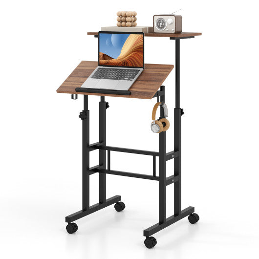 Height Adjustable Mobile Standing Desk with rolling wheels for office and home-Walnut - Set Shop and Smile