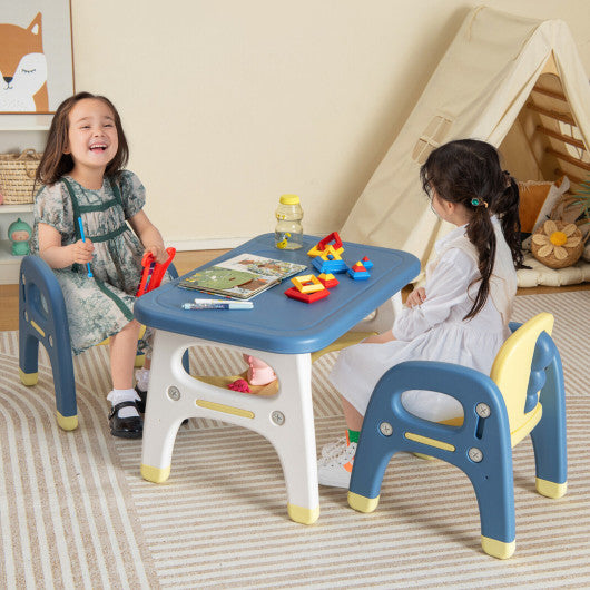 Kids Table and 2 Chairs Set with Storage Shelf and Building Blocks-Blue - Set Shop and Smile
