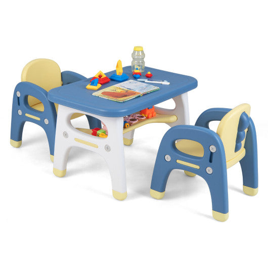 Kids Table and 2 Chairs Set with Storage Shelf and Building Blocks-Blue - Set Shop and Smile
