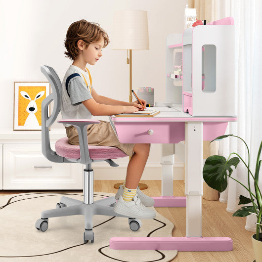 Adjustable Desk Chair with Auto Brake Casters for Kids-Pink