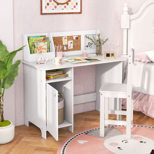 Wooden Kids Study Desk and Chair Set with Storage Cabinet and Bulletin Board-White - Set Shop and Smile