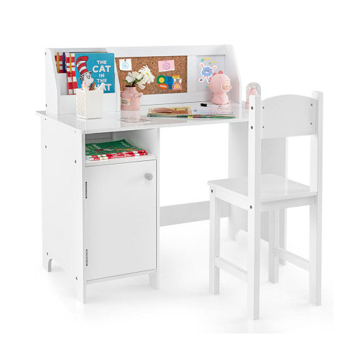Wooden Kids Study Desk and Chair Set with Storage Cabinet and Bulletin Board-White - Set Shop and Smile