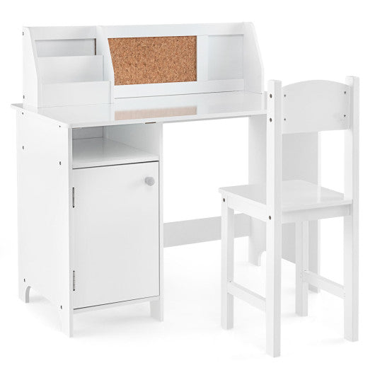 Wooden Kids Study Desk and Chair Set with Storage Cabinet and Bulletin Board-White - Set Shop and Smile