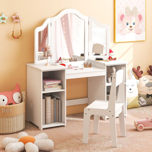 Kids Vanity Table and Chair Set with Removable Tri-Folding Mirror-Pink - Set Shop and Smile