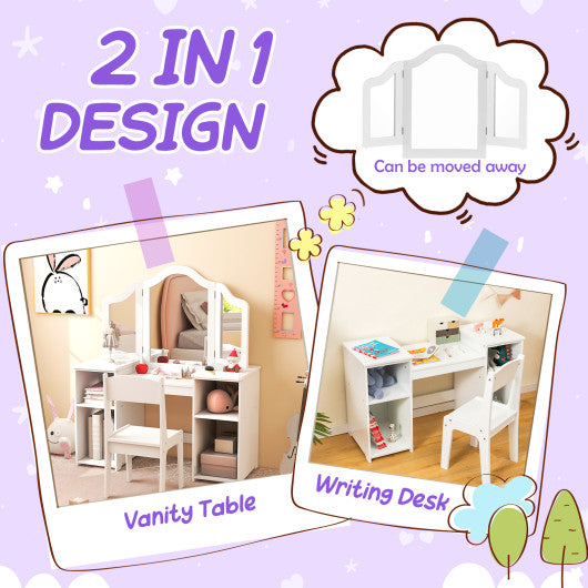 Kids Vanity Table and Chair Set with Removable Tri-Folding Mirror-Pink - Set Shop and Smile