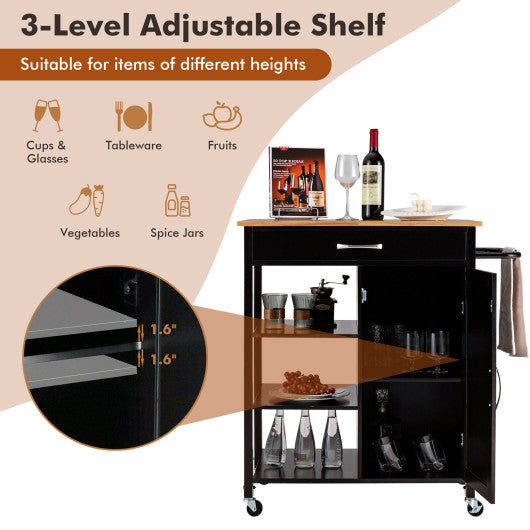 Mobile Kitchen Island Cart with Rubber Wood Top-Black - Set Shop and Smile