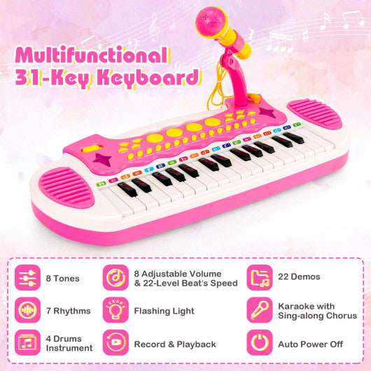 31-Key Kids Piano Keyboard Toy with Microphone and Multiple Sounds for Age 3+-Pink - Set Shop and Smile