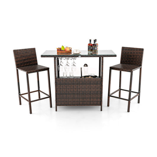 3 Pieces Outdoor Wicker Bar Set with 3 Rows Stemware Racks - Set Shop and Smile