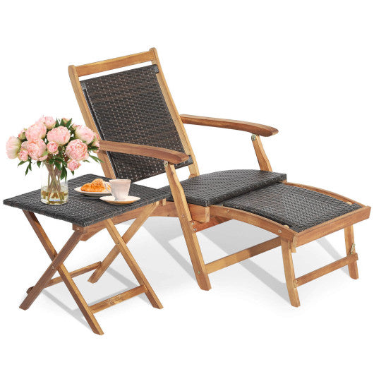 2 Pieces Patio Rattan Folding Lounge Chair with Acacia Wood Table - Set Shop and Smile