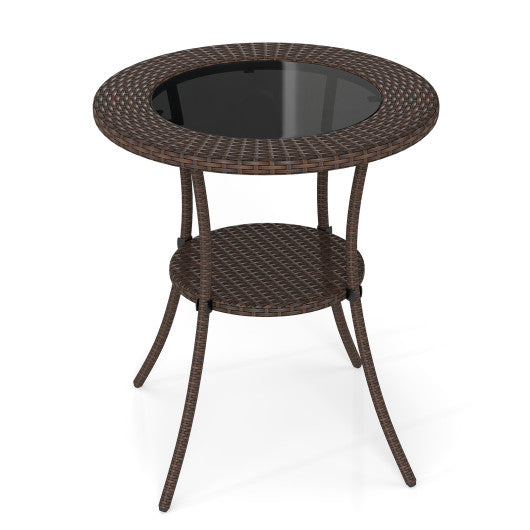 Round Rattan Wicker Coffee Table with Lower Shelf
