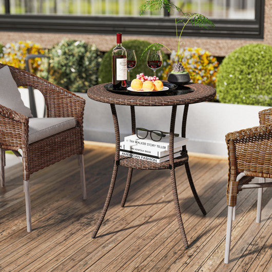 Round Rattan Wicker Coffee Table with Lower Shelf