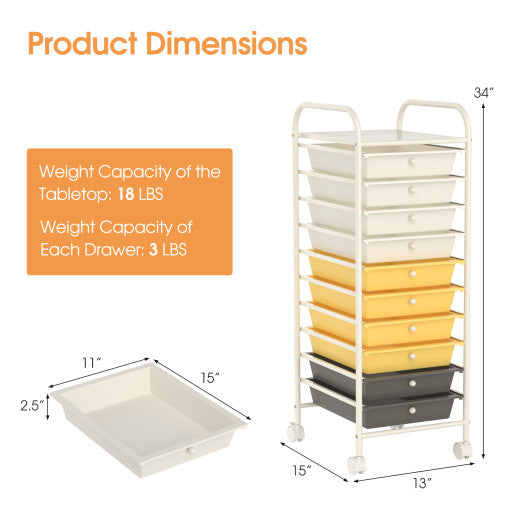 10 Drawer Rolling Storage Cart Organizer-Yellow - Set Shop and Smile