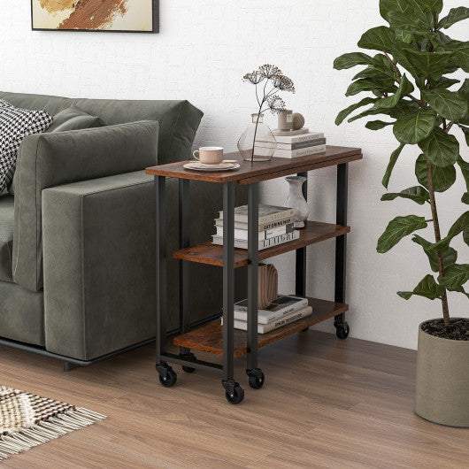 360° Rotating Sofa Side Table with Storage Shelves and Wheels-Rustic Brown - Set Shop and Smile
