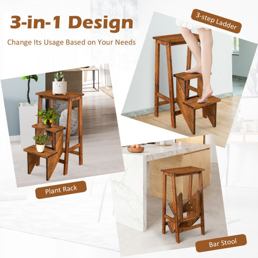 3-in-1 Rubber Wood 3 Tier Folding Step Stool Ladder Storage Shelf-Coffee