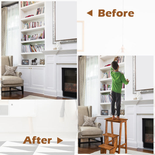 3-in-1 Rubber Wood 3 Tier Folding Step Stool Ladder Storage Shelf-Coffee