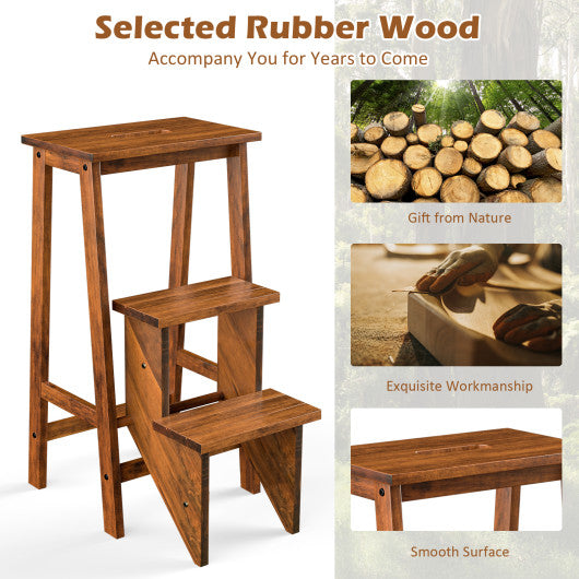 3-in-1 Rubber Wood 3 Tier Folding Step Stool Ladder Storage Shelf-Coffee
