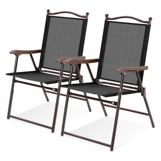Set of 2 Patio Folding Sling Back Camping Deck Chairs-Brown