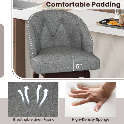 Set of 2 Swivel Bar Stools with Rubber Wood Legs and Padded Back-Gray