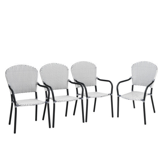 Set of 4 Patio Rattan Stackable Dining Chair with Armrest for Garden-White